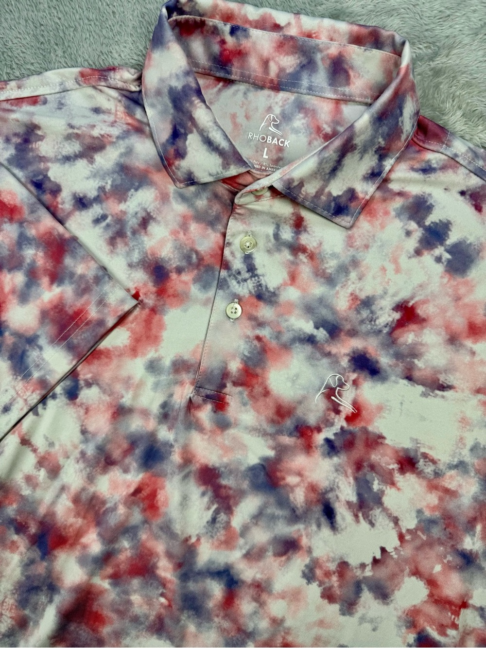 Rhoback Men’s Large Red White Blue Tie Dye Performance Golf Polo USA Flag